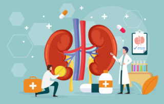 Illustration with kidneys and doctors looking at the kidneys surrounded by medical supplies