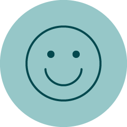 Blue line drawing of smiling face on light blue circle