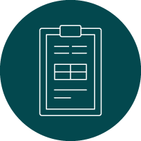 White line icon of clipboard over dark teal circle