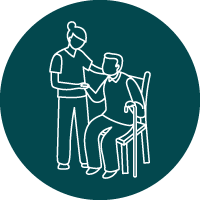 White line icon of caregiver helping senior with cane stand over dark teal circle