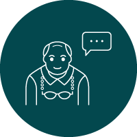 White line icon of senior man with speech bubble over dark teal circle